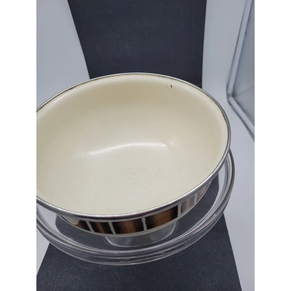 1960s Metal Enamel Mixing Bowl Set Brown Cream Retro Vtg 3 Piece Stripe Camping